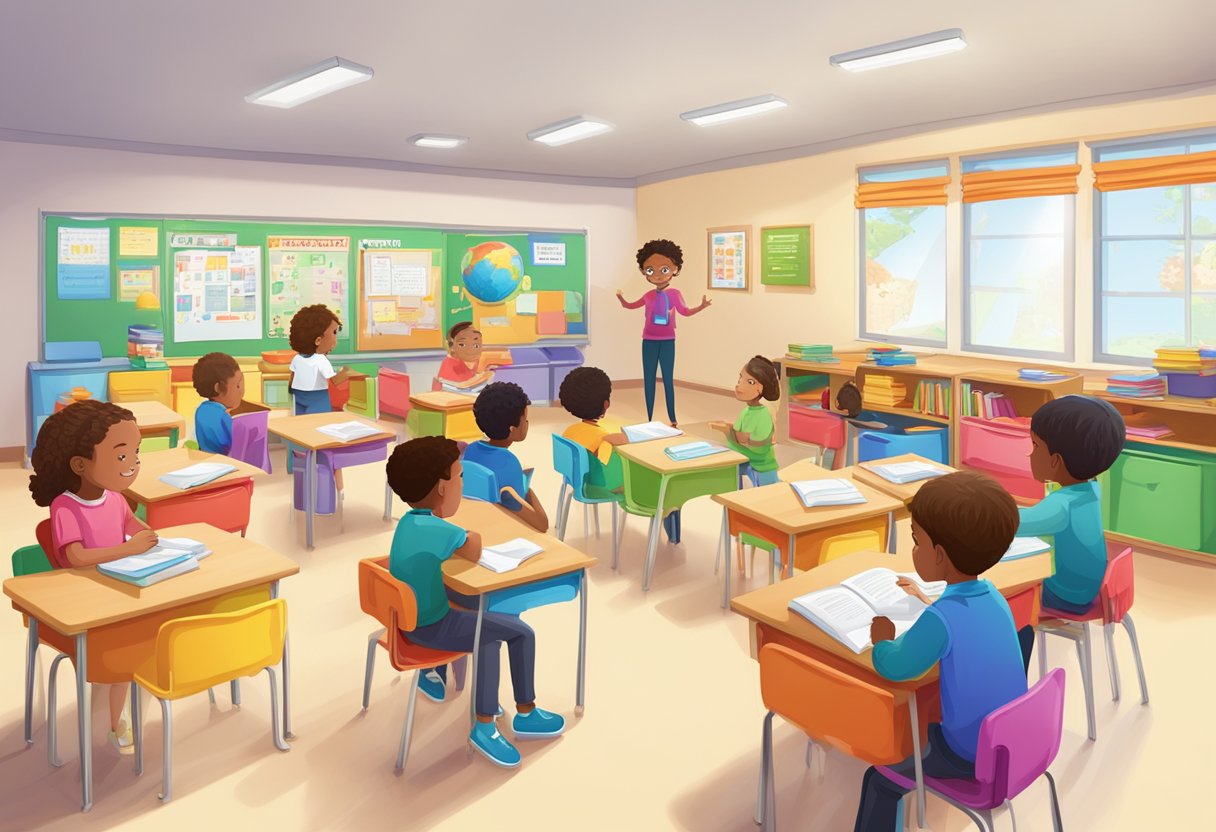 A classroom filled with colorful spelling and vocabulary posters, books, and interactive games, with students eagerly participating in word-building activities