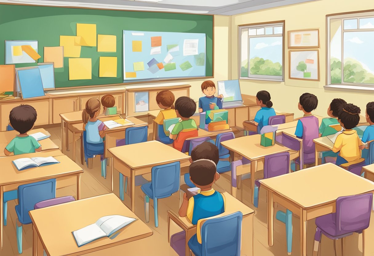 Public speaking: A primary school classroom with students presenting projects to their peers, using visual aids and speaking confidently