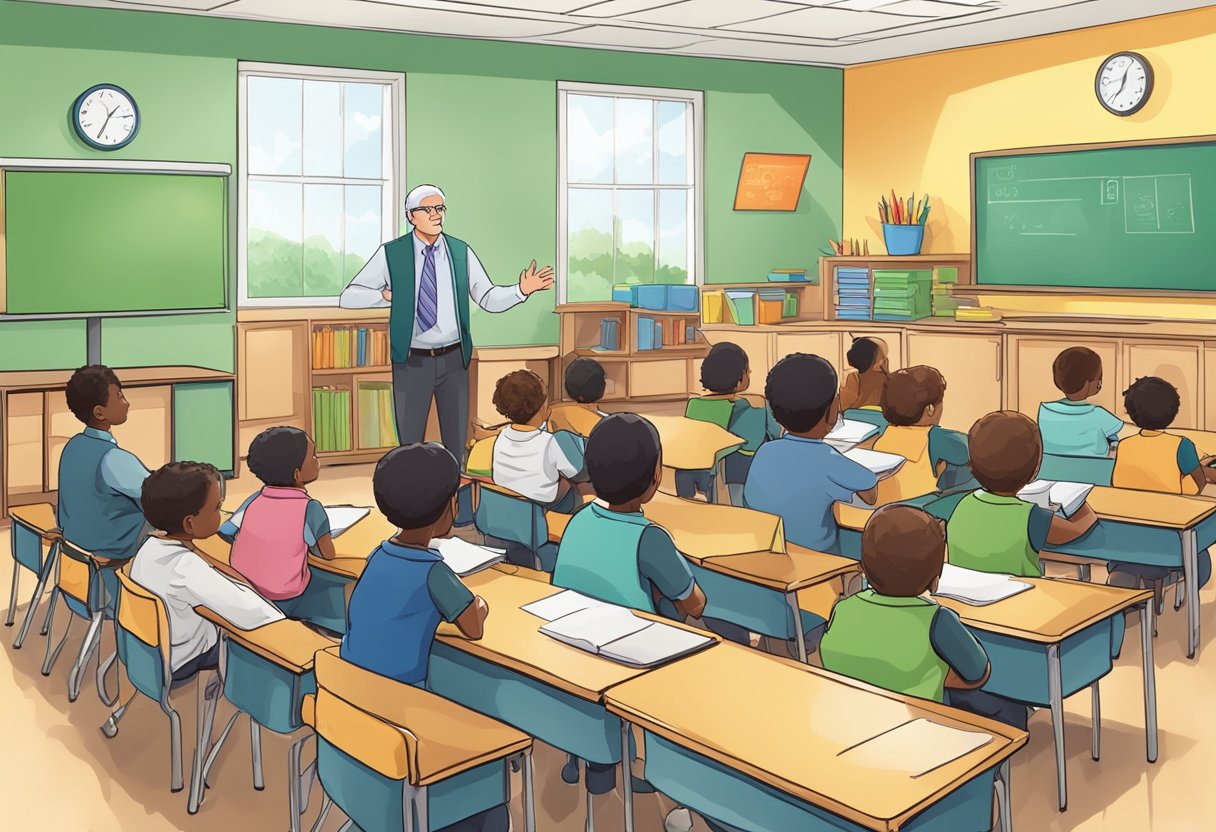 Public speaking: A classroom setting with a teacher standing in front of a group of young students, engaged in a lively discussion or presentation