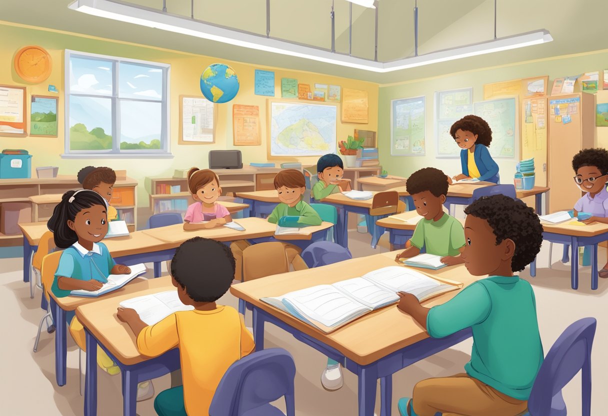 A classroom setting with young students engaged in hands-on activities, using spelling and vocabulary in real-life scenarios such as writing and reading
