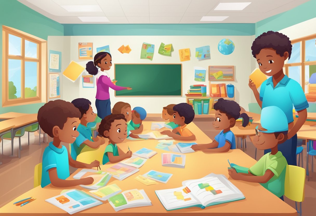 A classroom with young students engaged in spelling and vocabulary activities, with colorful educational materials and interactive learning tools