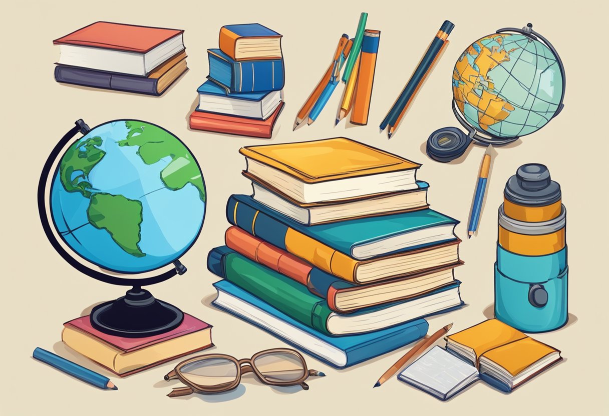 How Spelling & Vocabulary Supports Cross-Curricular Learning: Building Strong Foundations for Academic Success Spelling,Cross-curricular learning LearningMole A stack of books surrounded by various subject-related objects, such as a globe, microscope, and art supplies, with a pencil and notebook nearby