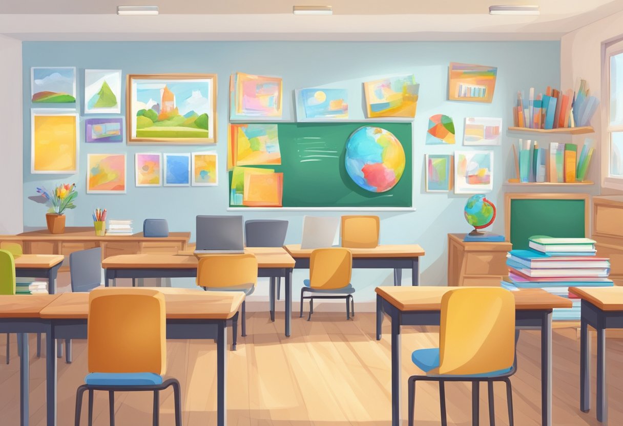 ESL: A classroom with colorful posters, books, and educational materials. A teacher's desk with a laptop and teaching aids. Children's artwork displayed on the walls