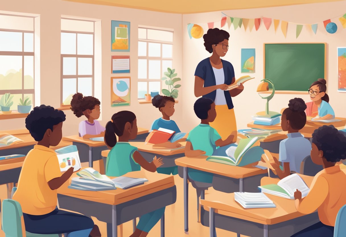 ESL: A classroom setting with diverse students engaged in language learning activities. Materials such as books, flashcards, and posters are visible
