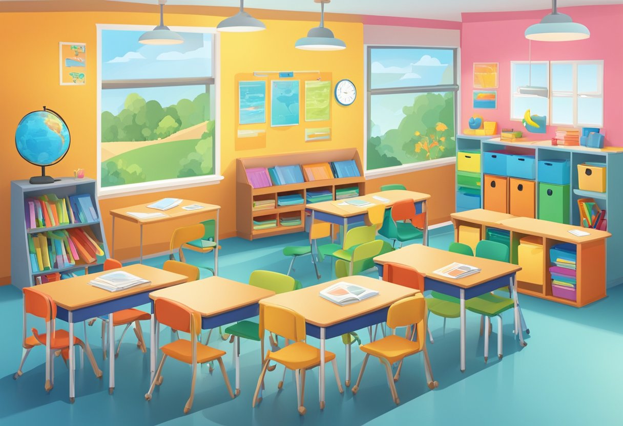 ESL: A colorful and inviting classroom with diverse learning materials, including visual aids, maps, and interactive displays