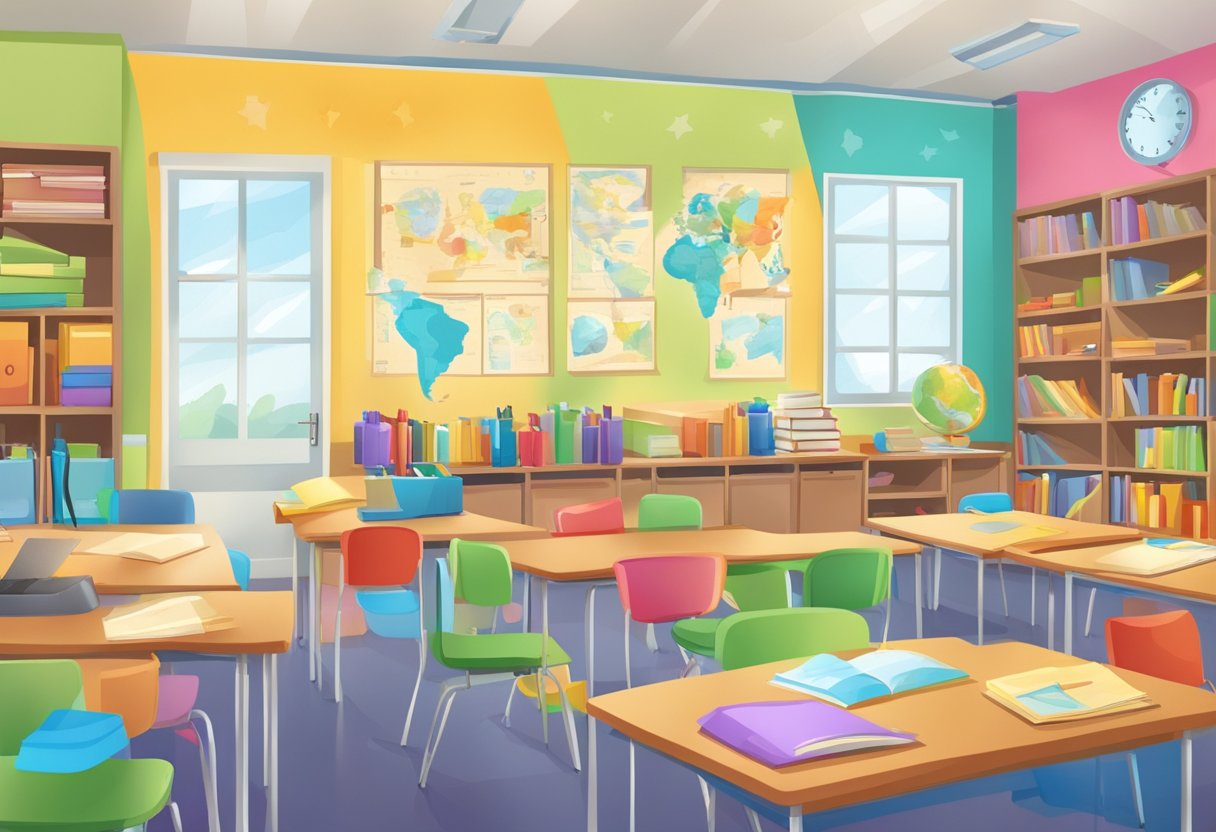 ESL: A colorful classroom with diverse learning materials, maps, and language resources