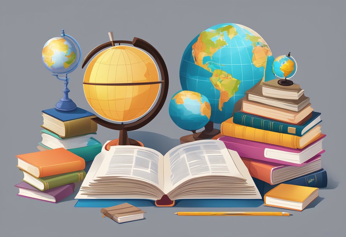 World language: A stack of colorful language textbooks surrounded by globes, maps, and various cultural artifacts