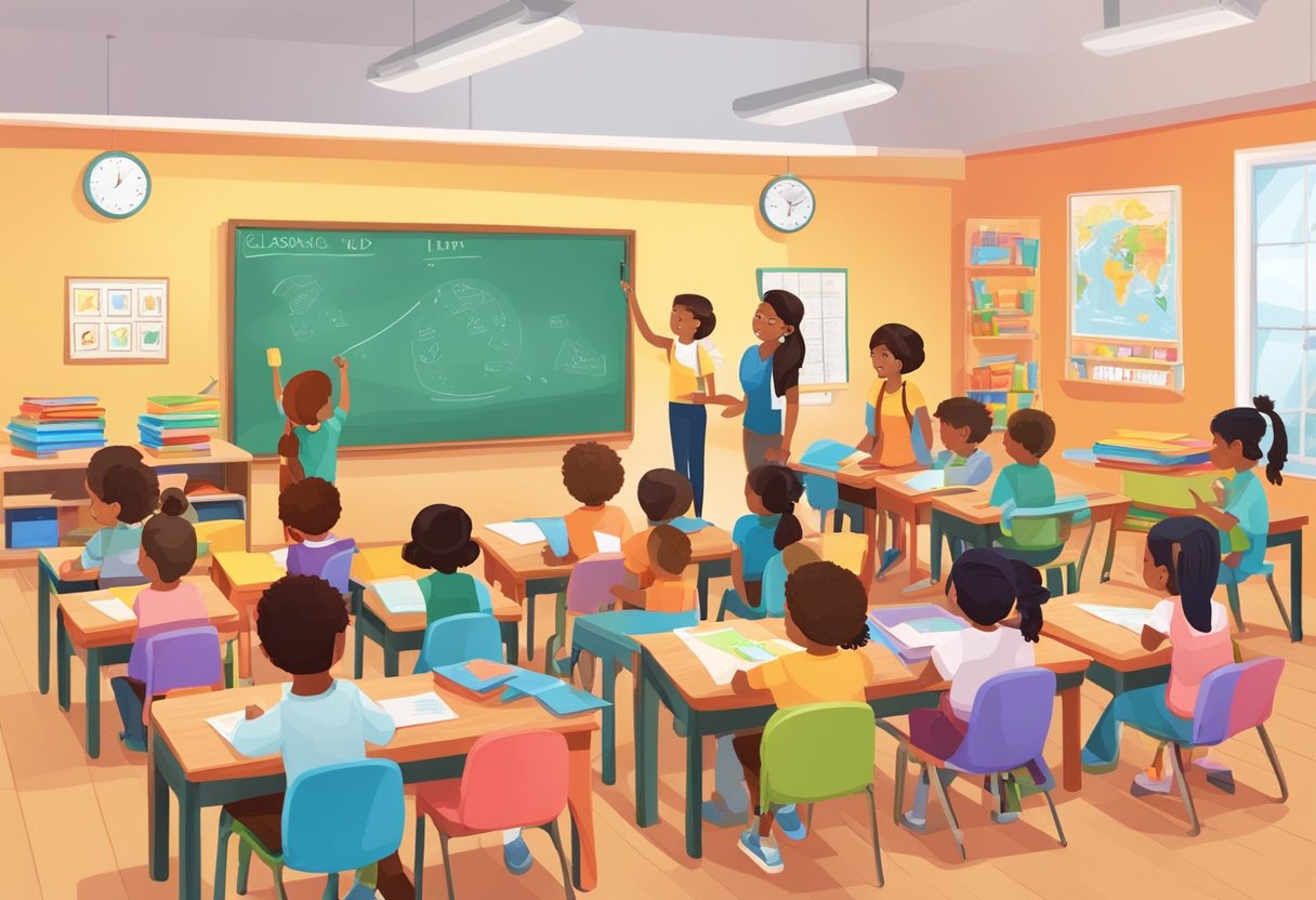 ESL: A colorful classroom with diverse students engaged in language development activities led by a teacher. Visual aids and interactive materials are displayed around the room