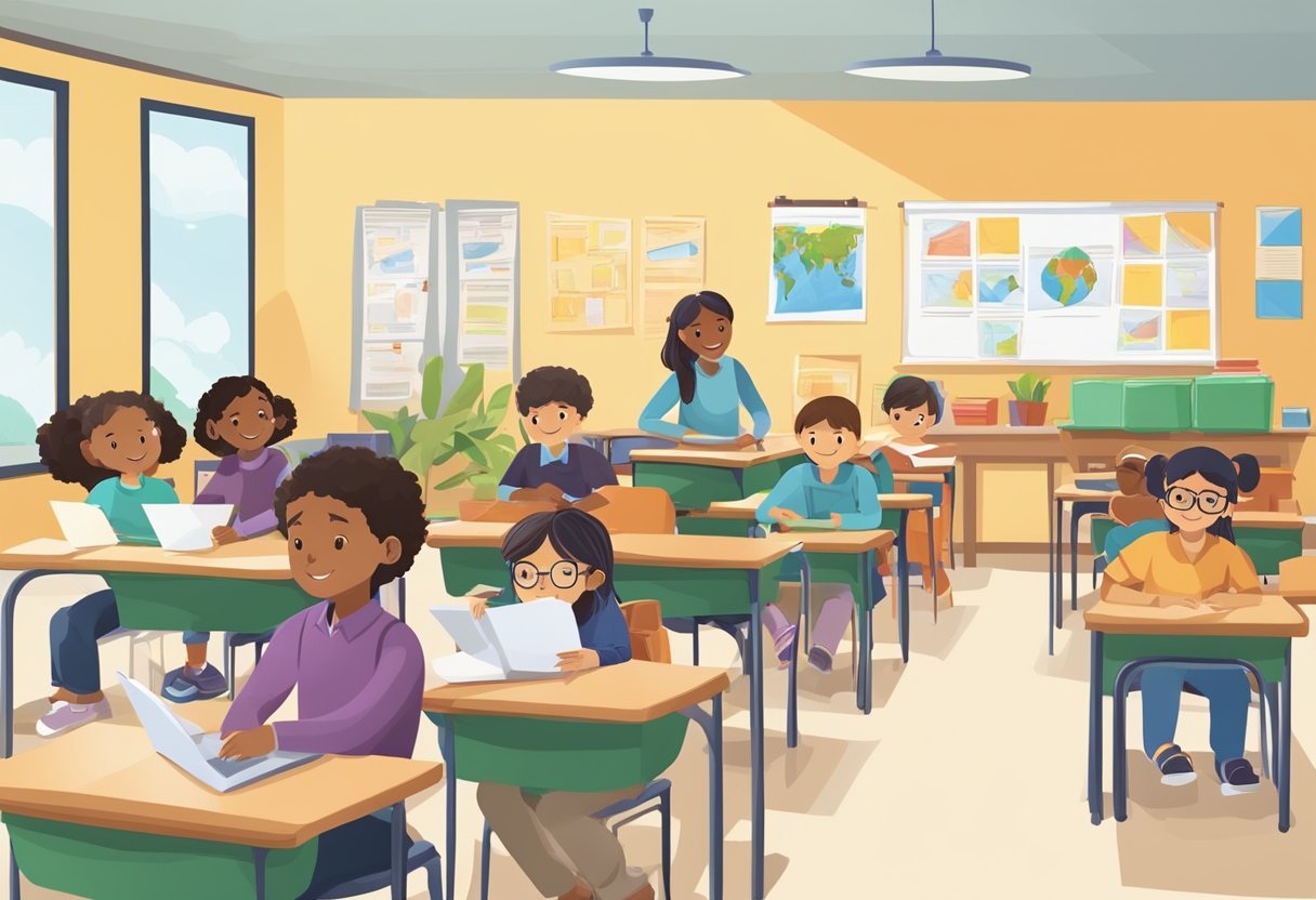 ESL: A classroom setting with diverse ESL students engaged in language assessment and tracking activities. Materials and resources related to English language proficiency are visible
