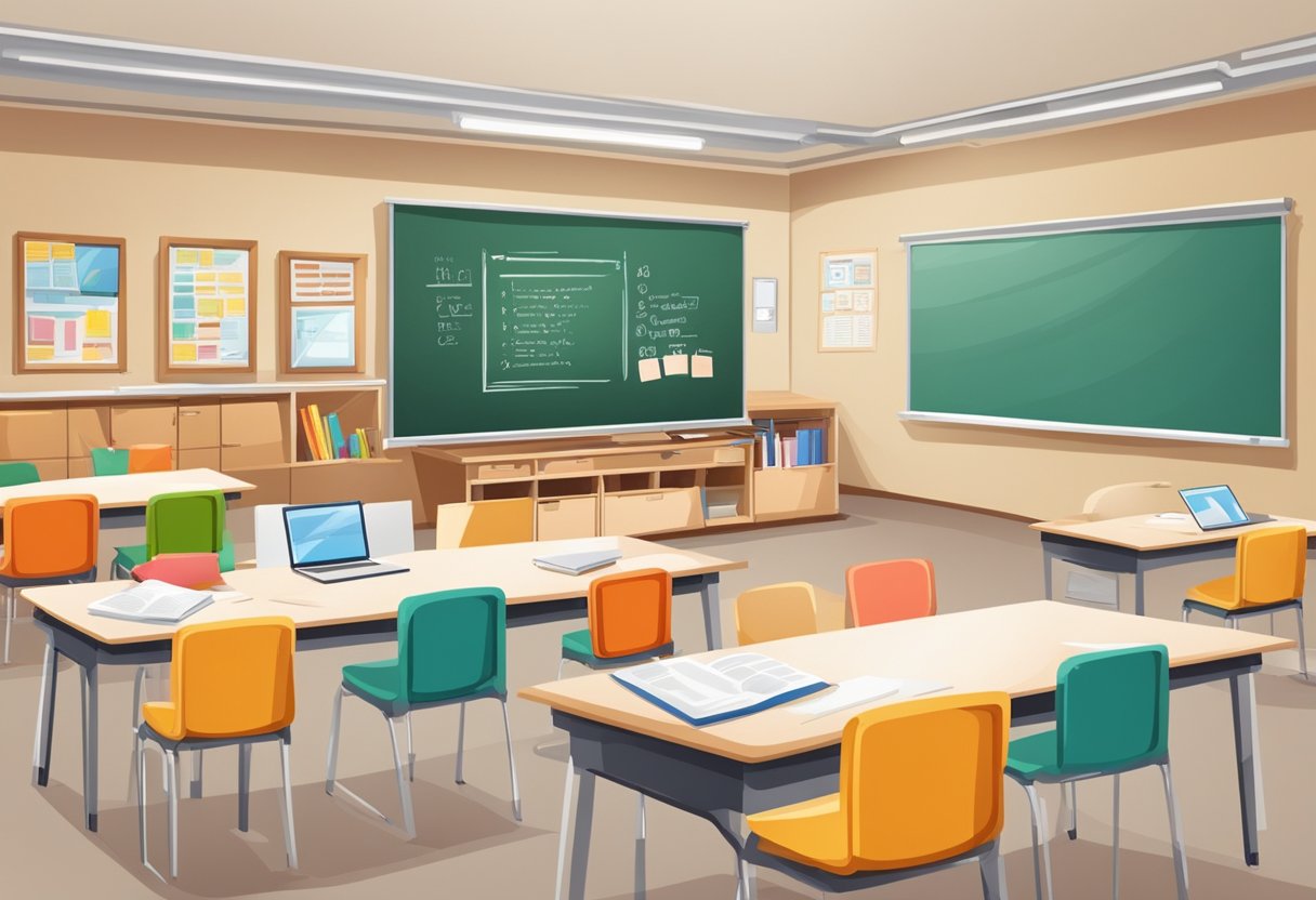 ESL: A classroom with colorful posters, books, and educational materials. A whiteboard with grammar rules and vocabulary words. A teacher's desk with teaching resources and a computer