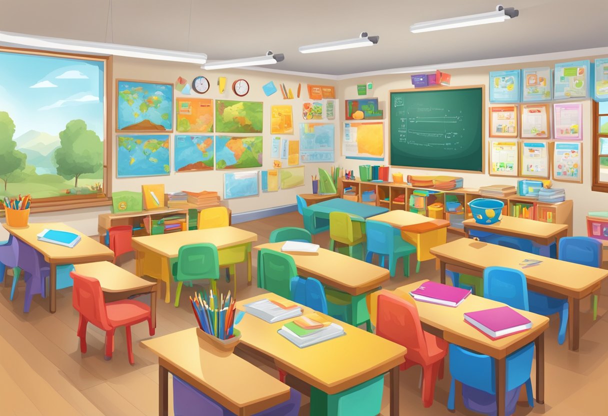 ESL: A colorful classroom with diverse teaching materials and visuals for ESL instruction. Bright posters, flashcards, and interactive learning tools fill the space