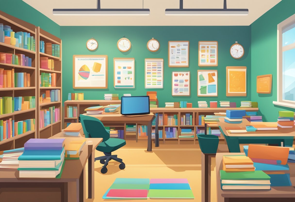 ESL: A colorful classroom with diverse learning materials, including books, flashcards, and educational posters, arranged neatly on shelves and walls. A teacher's desk with a computer and teaching supplies is in the center