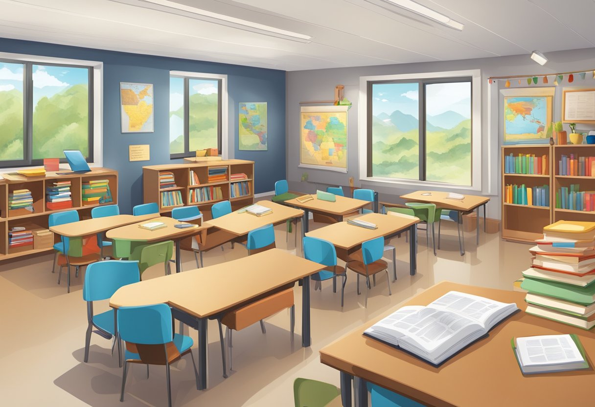 world languages: A classroom with diverse language learning materials and resources, including books, maps, and cultural artifacts, arranged in an organized and inviting manner