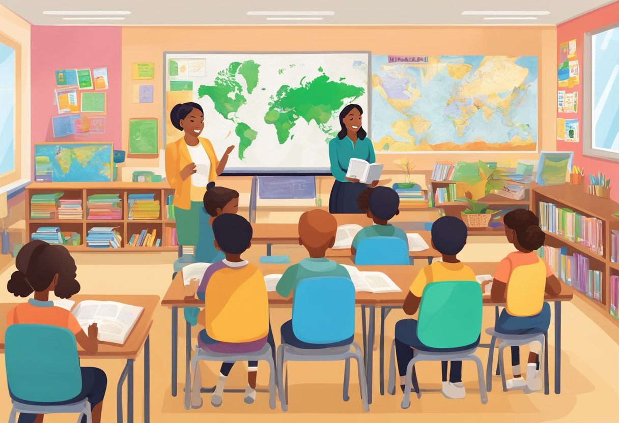world languages: A colorful classroom with diverse language materials and resources, including books, maps, and posters. A teacher leads engaging language activities with students