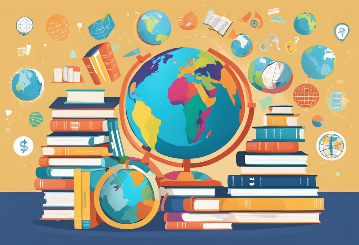 Comprehensive Guide to World Languages for Primary Students: Making Learning Fun and Accessible World language,languages LearningMole World language: A colorful globe surrounded by books in various languages, with a stack of question marks symbolizing FAQs for primary students