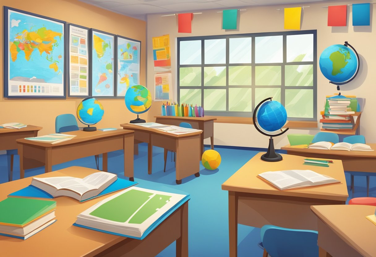 Advanced World Languages Techniques for Upper Primary Classes: Fun Ways to Boost Fluency in Years 5-6 world languages,Languages,Upper primary LearningMole world languages: A colorful classroom with diverse language books, maps, and educational posters on the walls. A globe and language learning tools are scattered on the desks