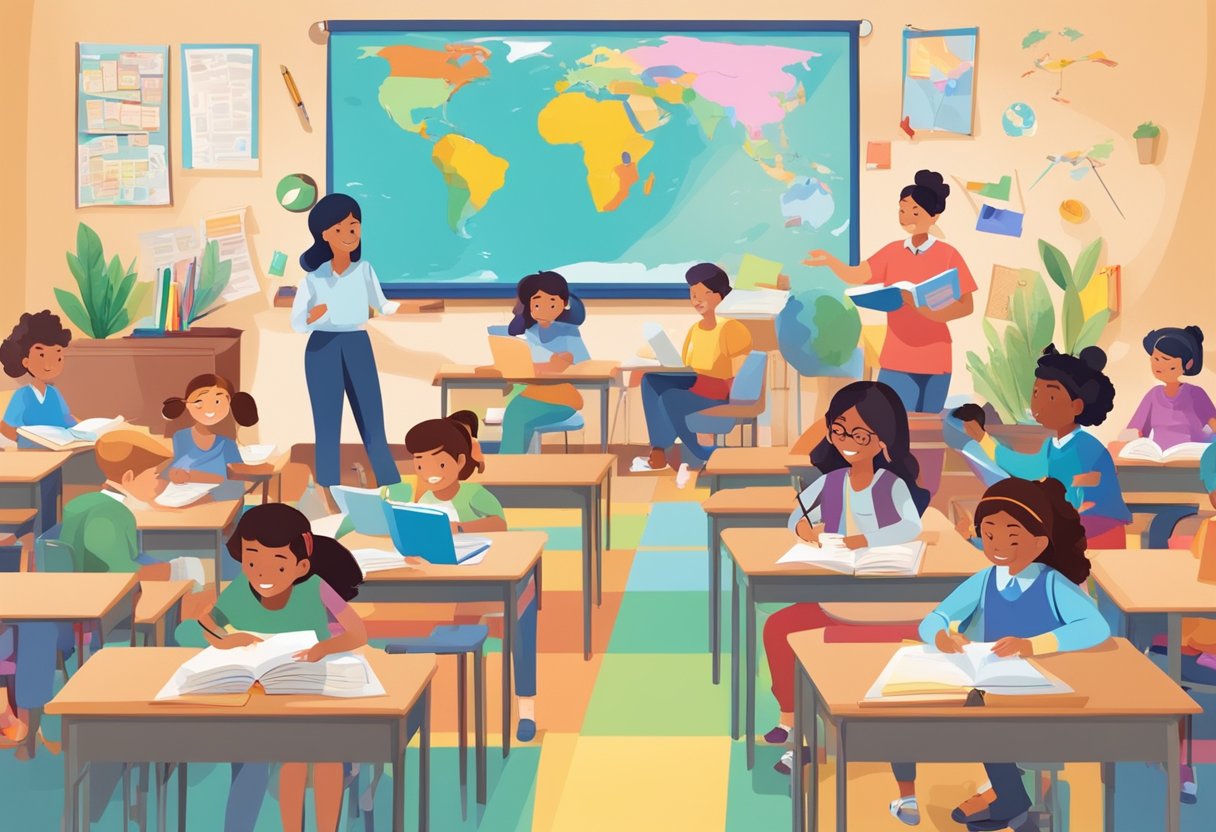 Advanced World Languages Techniques for Upper Primary Classes: Fun Ways to Boost Fluency in Years 5-6 world languages,Languages,Upper primary LearningMole world languages: A colorful classroom with students engaged in language activities, surrounded by books, maps, and writing materials