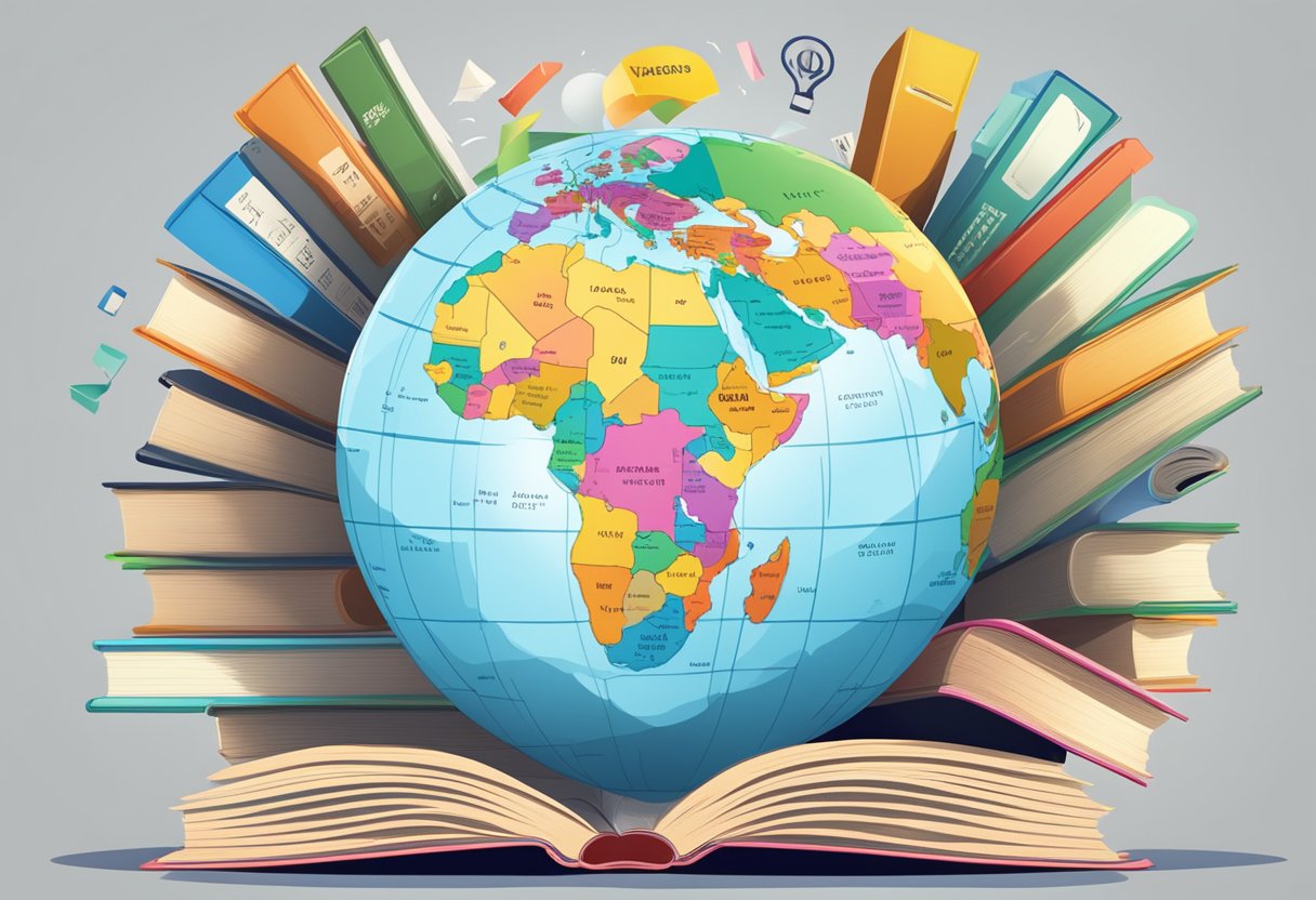 World Languages: A globe surrounded by various language textbooks with correction marks