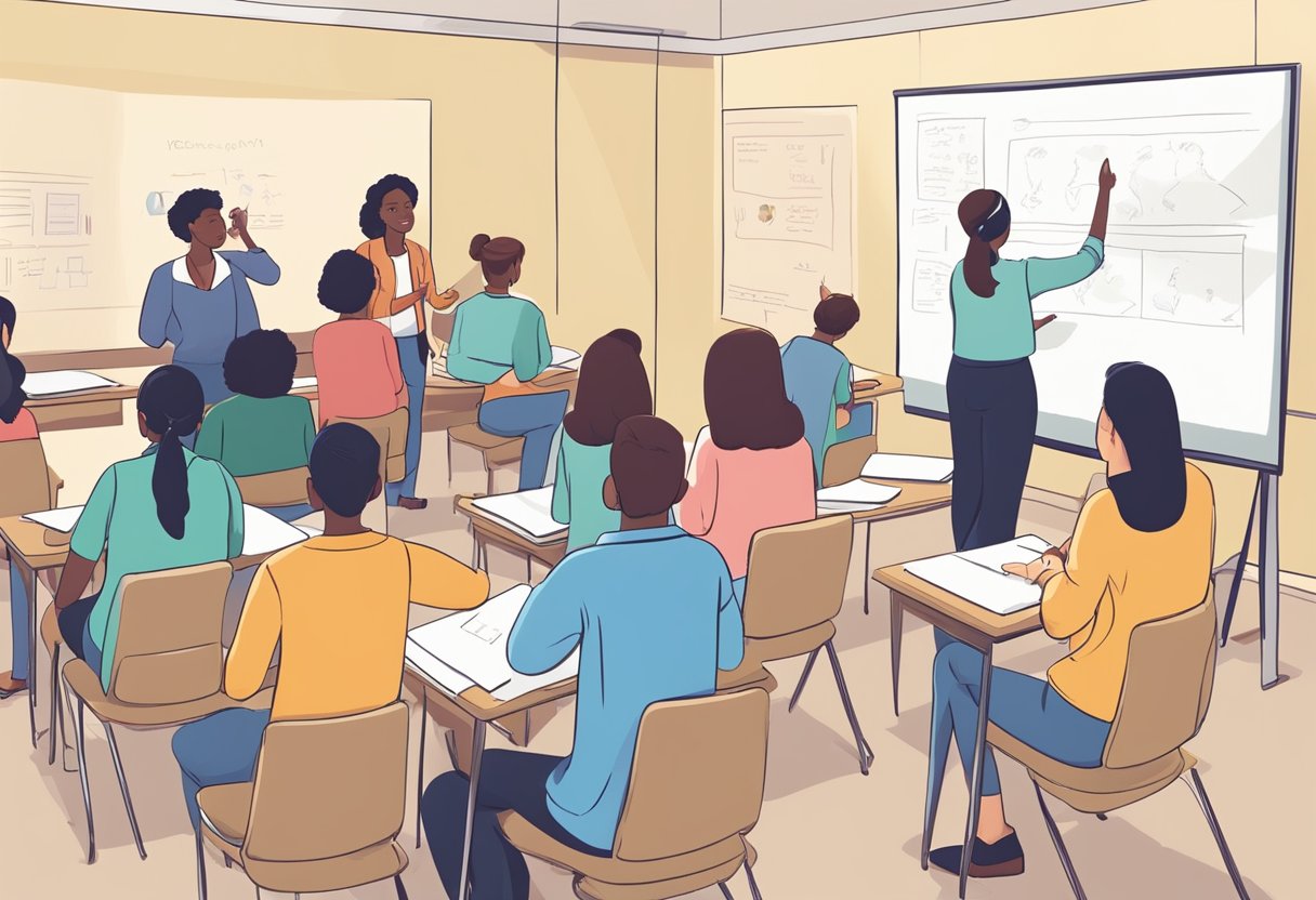 A group of diverse ESL students in a classroom, making common English mistakes. A teacher points to a whiteboard with correct examples