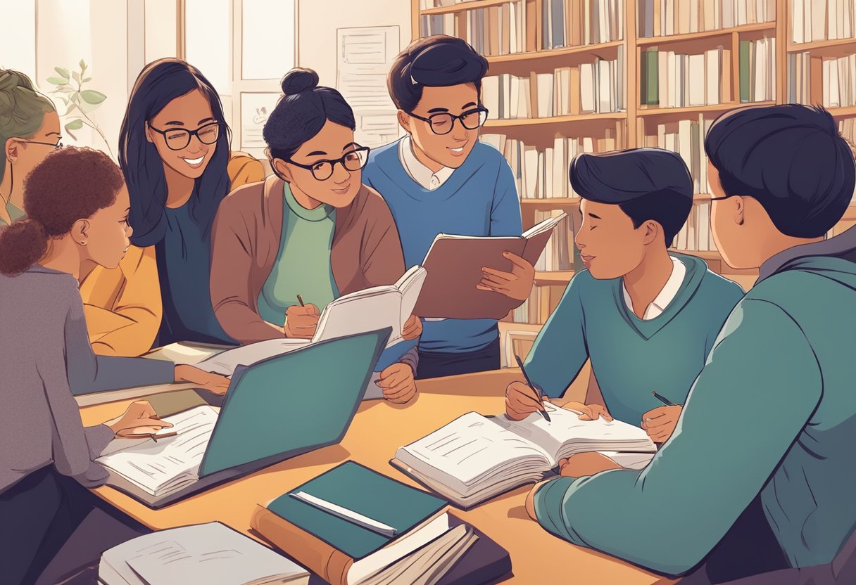 ESL: A diverse group of students eagerly engage in a lively discussion, surrounded by books and language learning materials. The atmosphere is one of collaboration and determination
