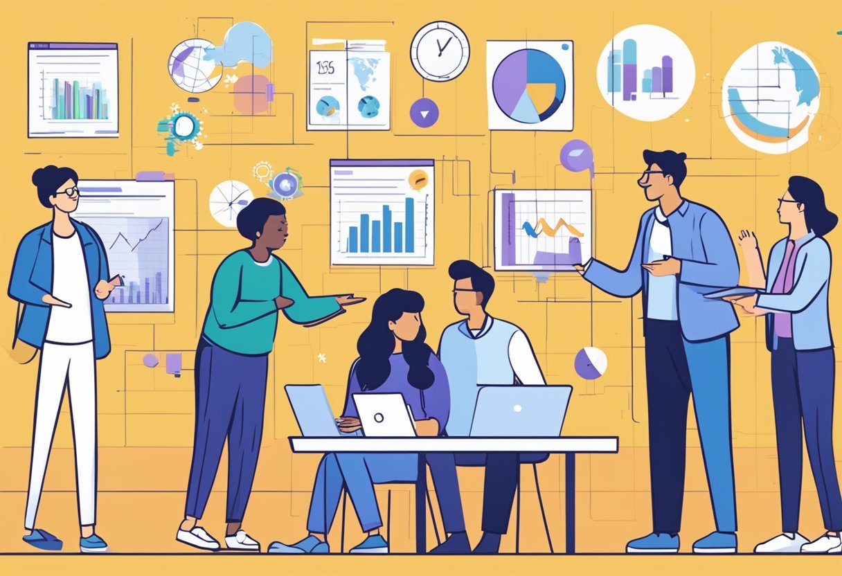 ESL Education: A group of ESL educators engage in a lively discussion, surrounded by colorful charts and graphs displaying new trends in ESL education