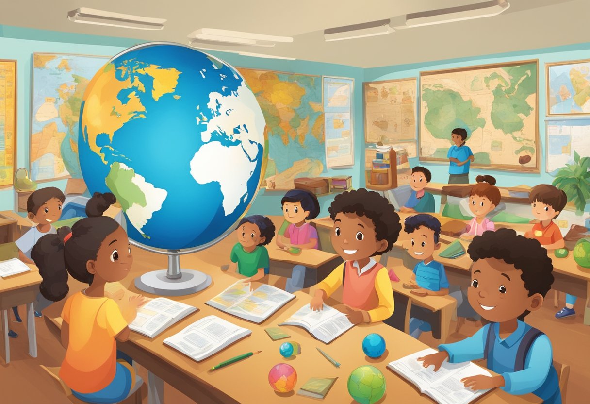 Real-Life Applications of World Languages in Primary Education: Engaging Young Minds Through Everyday Culture World Languages,Languages LearningMole World Languages: A classroom with diverse cultural symbols and objects, such as globes, maps, and traditional artifacts, surrounded by children engaged in language activities