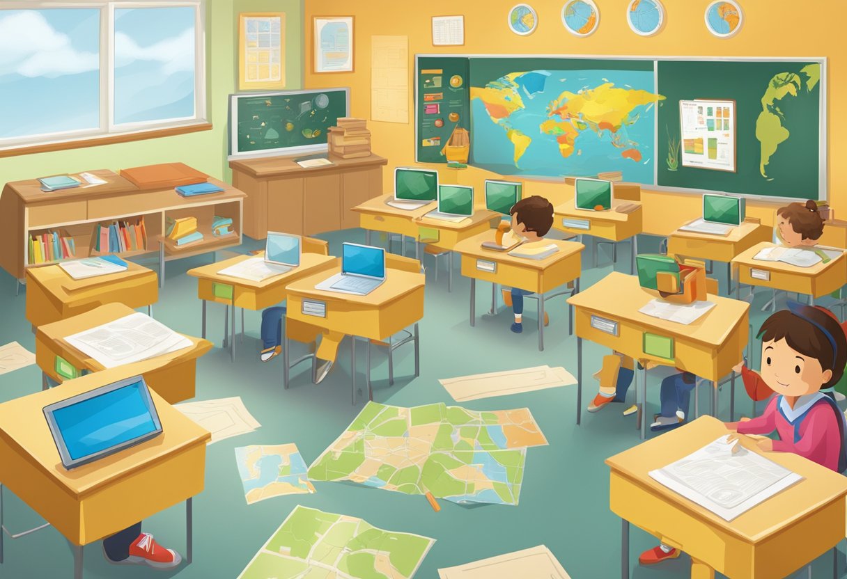 Real-Life Applications of World Languages in Primary Education: Engaging Young Minds Through Everyday Culture World Languages,Languages LearningMole World Languages: A classroom setting with various cultural objects, maps, and technology, showcasing the real-life applications of world languages in primary education