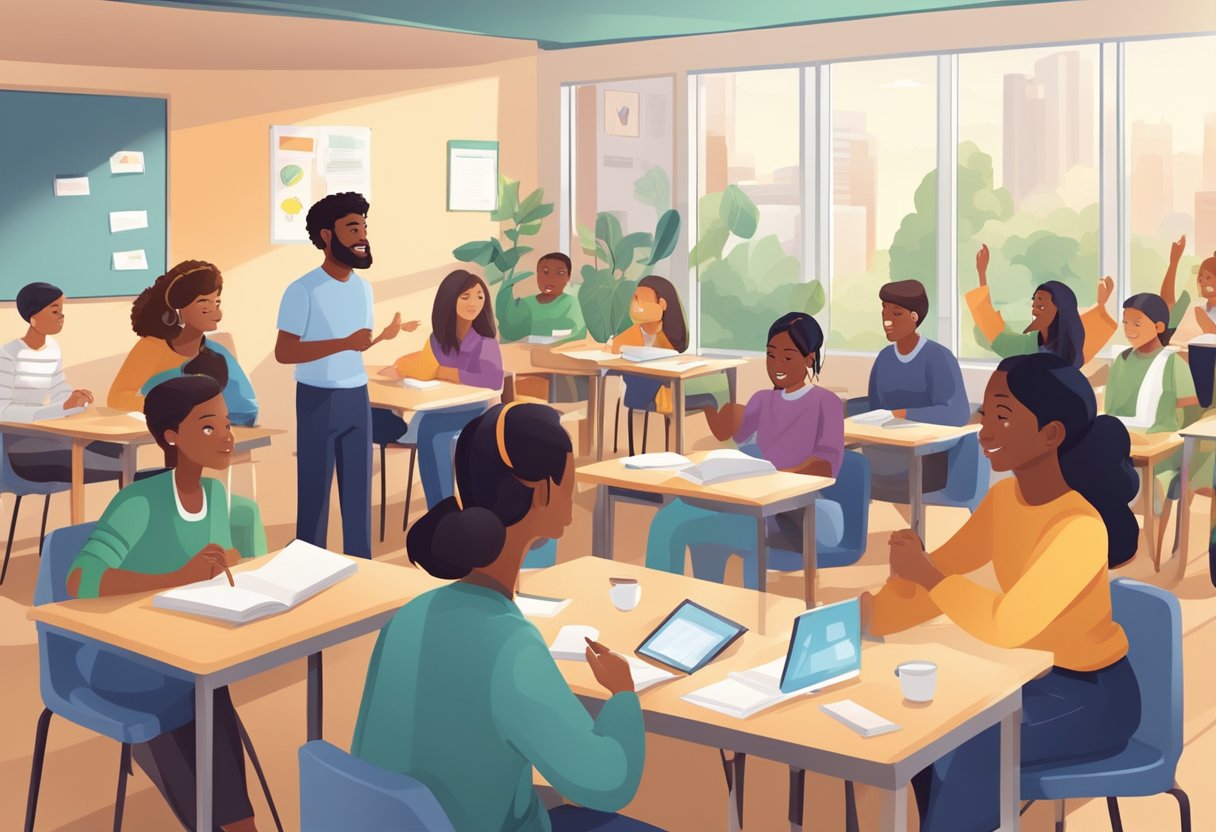 ESL Education: A diverse group of students engaging in interactive language learning activities in a modern classroom setting
