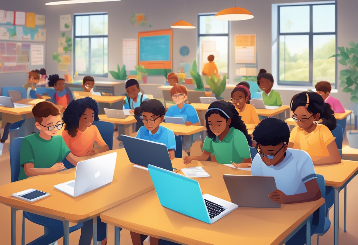 World Languages: A diverse group of students engage in language learning activities using modern technology and traditional resources in a vibrant classroom setting