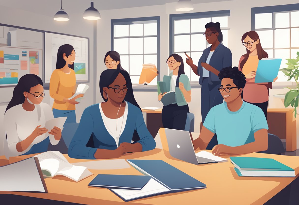 ESL Education: A diverse group of ESL learners engaged in interactive activities, surrounded by educational materials and technology