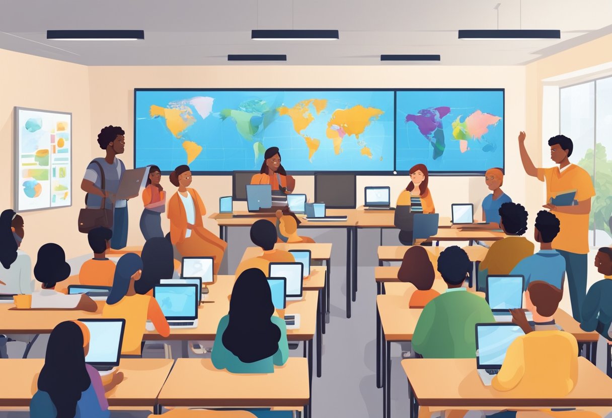 ESL Education: A classroom setting with diverse students engaged in interactive language learning activities, surrounded by modern technology and educational resources