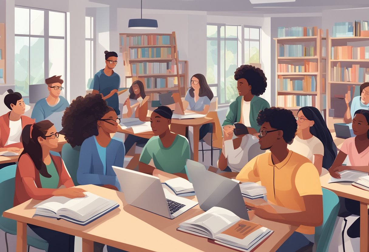 ESL Education: A group of diverse students engage in lively discussion while surrounded by books, technology, and educational materials in a modern ESL classroom