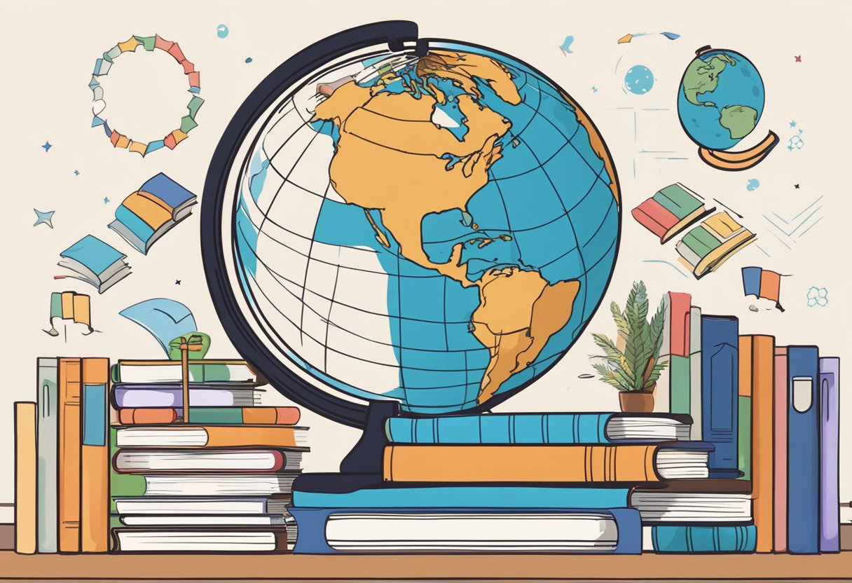 Exploring New Trends in World Languages Education: Fresh Approaches World Languages,Languages,technology LearningMole World Languages: A globe surrounded by books and language learning materials, with diverse flags hanging in the background