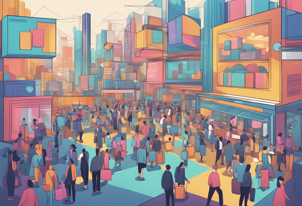 Exploring New Trends in World Languages Education: Fresh Approaches World Languages,Languages,technology LearningMole World Languages: A bustling digital marketplace with diverse language symbols floating above, while a governing body oversees the exchange of knowledge and resources