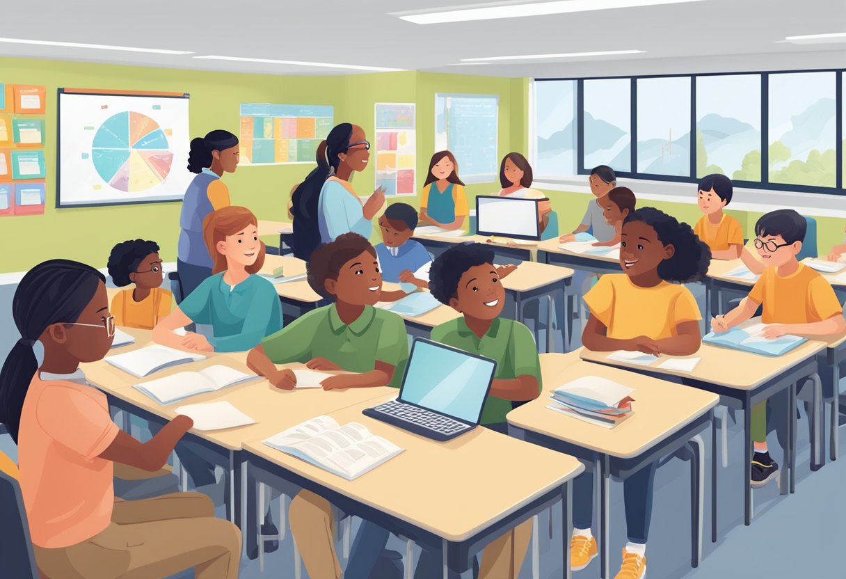 ESL Project: A diverse group of students engage in interactive language learning activities in a classroom setting, with teachers providing guidance and support