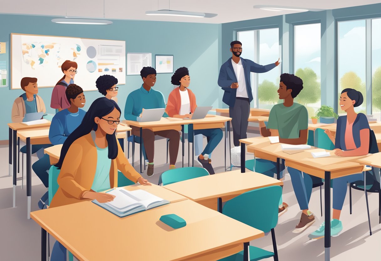 World Language: A diverse group of students engage in interactive language learning activities in a modern classroom setting