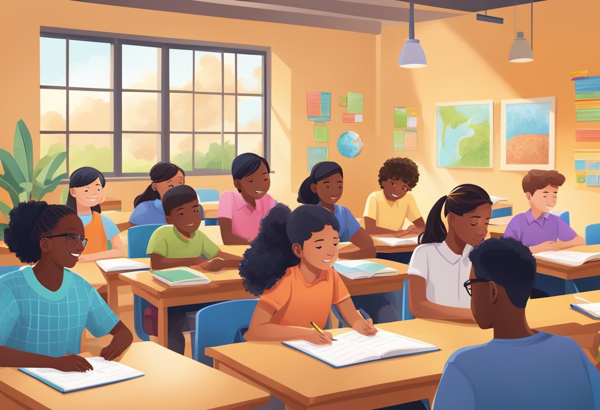 World Language: A diverse group of students engaged in language learning activities in a vibrant classroom setting
