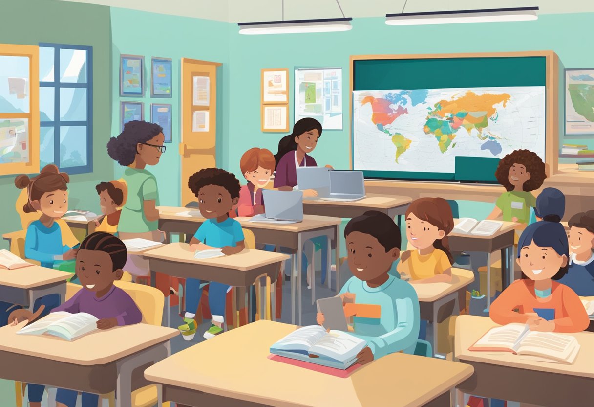 World Language: A classroom filled with diverse language learning materials and resources, including books, maps, and technology. Students engaged in interactive activities and conversations