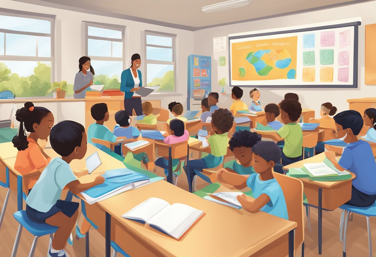 World Language: A diverse classroom with students engaging in language activities, using visual aids and technology to support their bilingual education