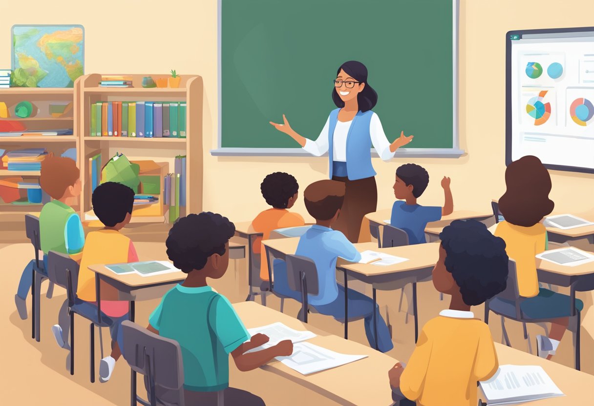 World Language: A classroom setting with diverse language learning materials and technology, engaged students, and a teacher facilitating interactive language activities