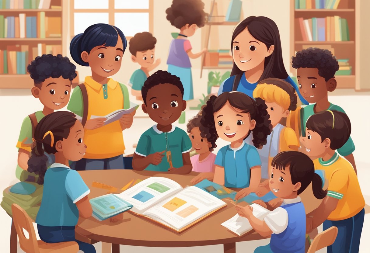 World Language: A diverse group of children engage in language activities, surrounded by cultural symbols and educational materials