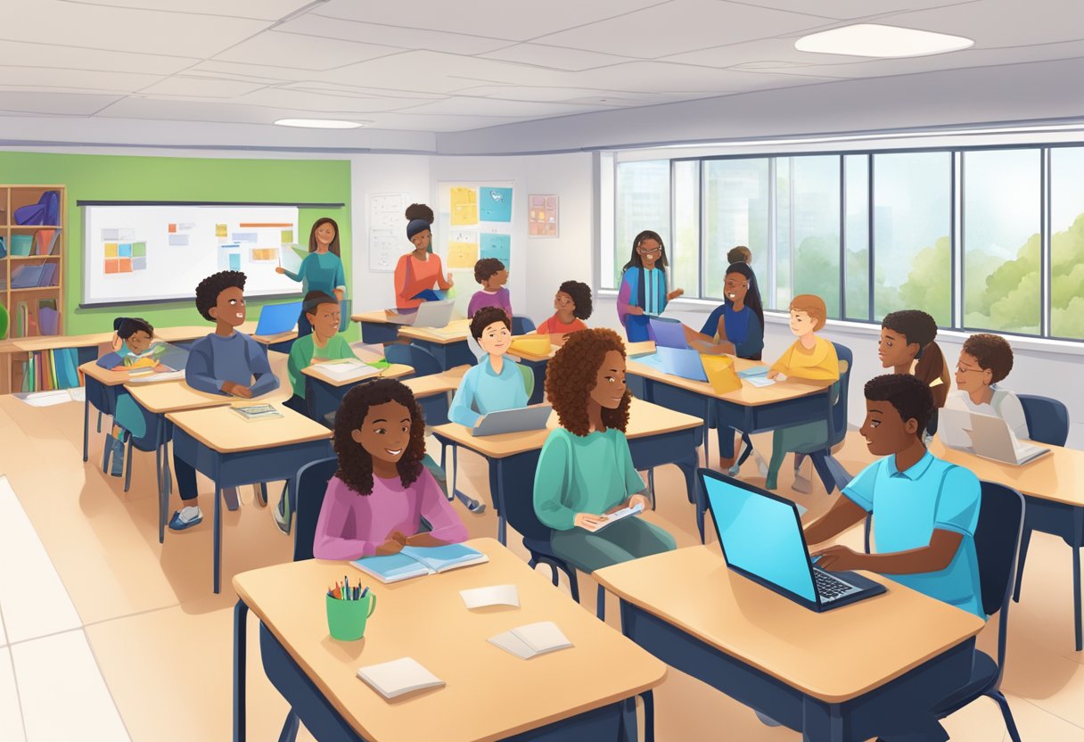 World Language: A classroom setting with diverse language materials, technology, and engaged students collaborating on language projects