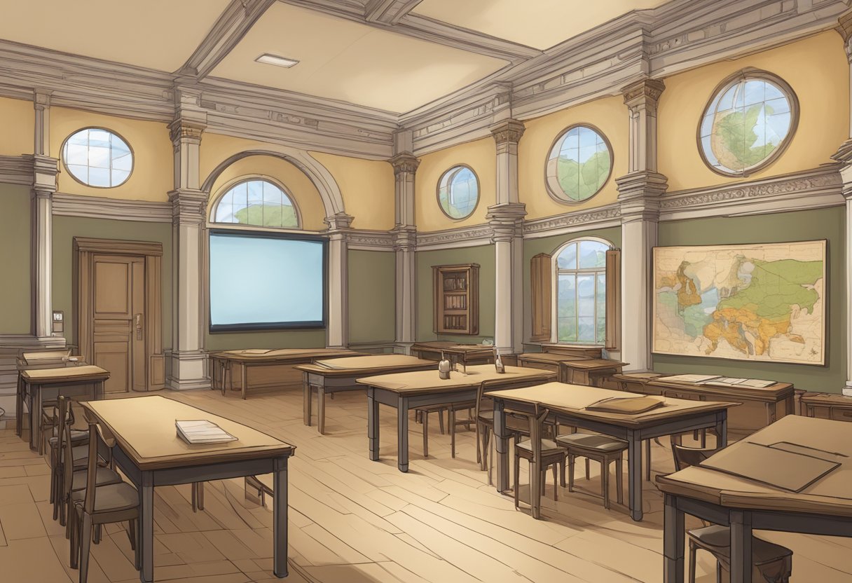 An ancient history classroom with interactive maps, artifacts, and digital resources for young learners to engage with