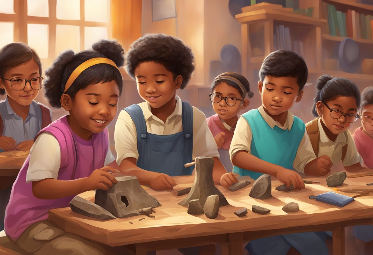 Ancient History: A group of young learners interact with ancient artifacts and tools in a lively, colorful classroom setting