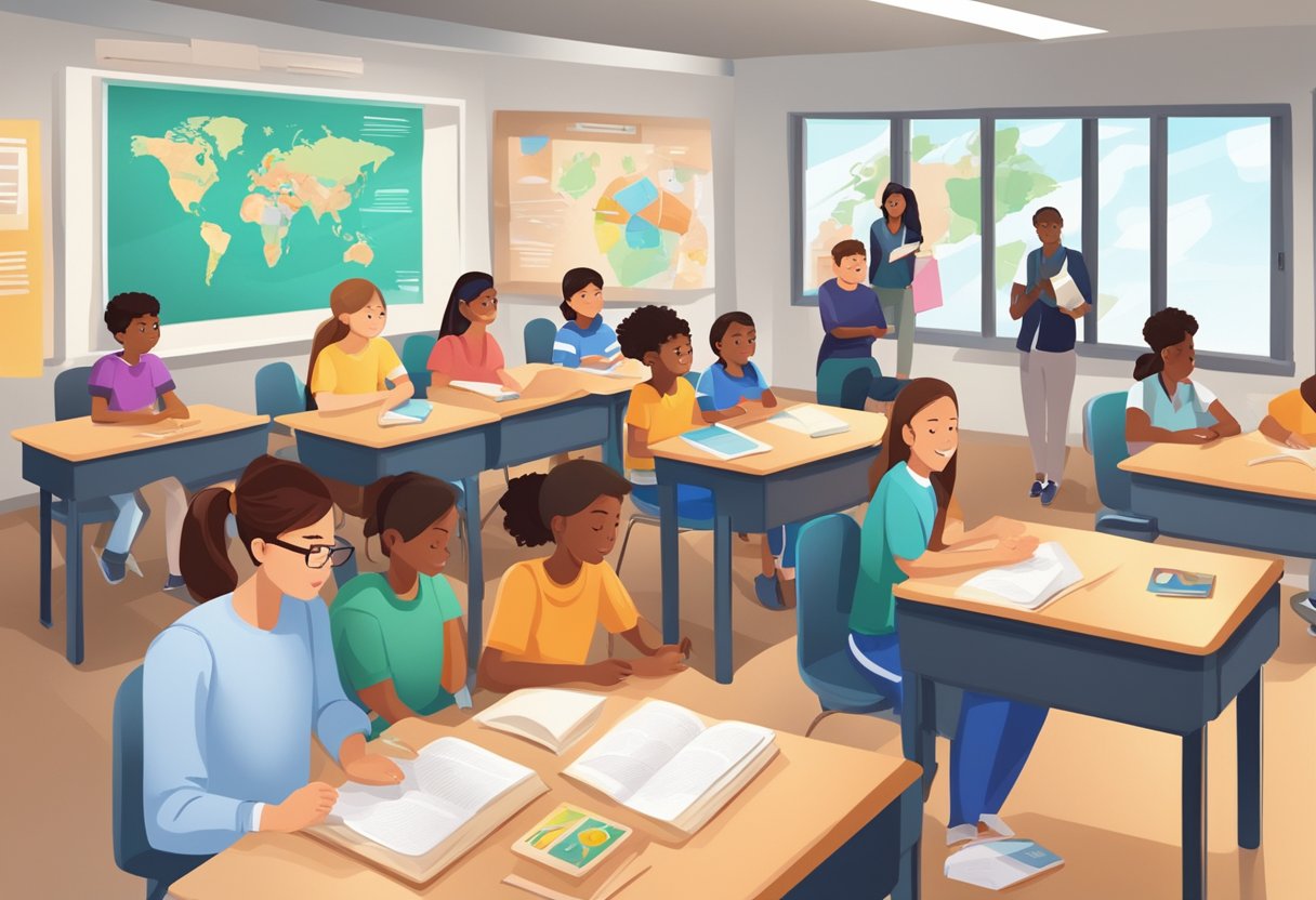 World Language: A classroom setting with diverse students engaged in language learning activities, surrounded by educational materials and technology
