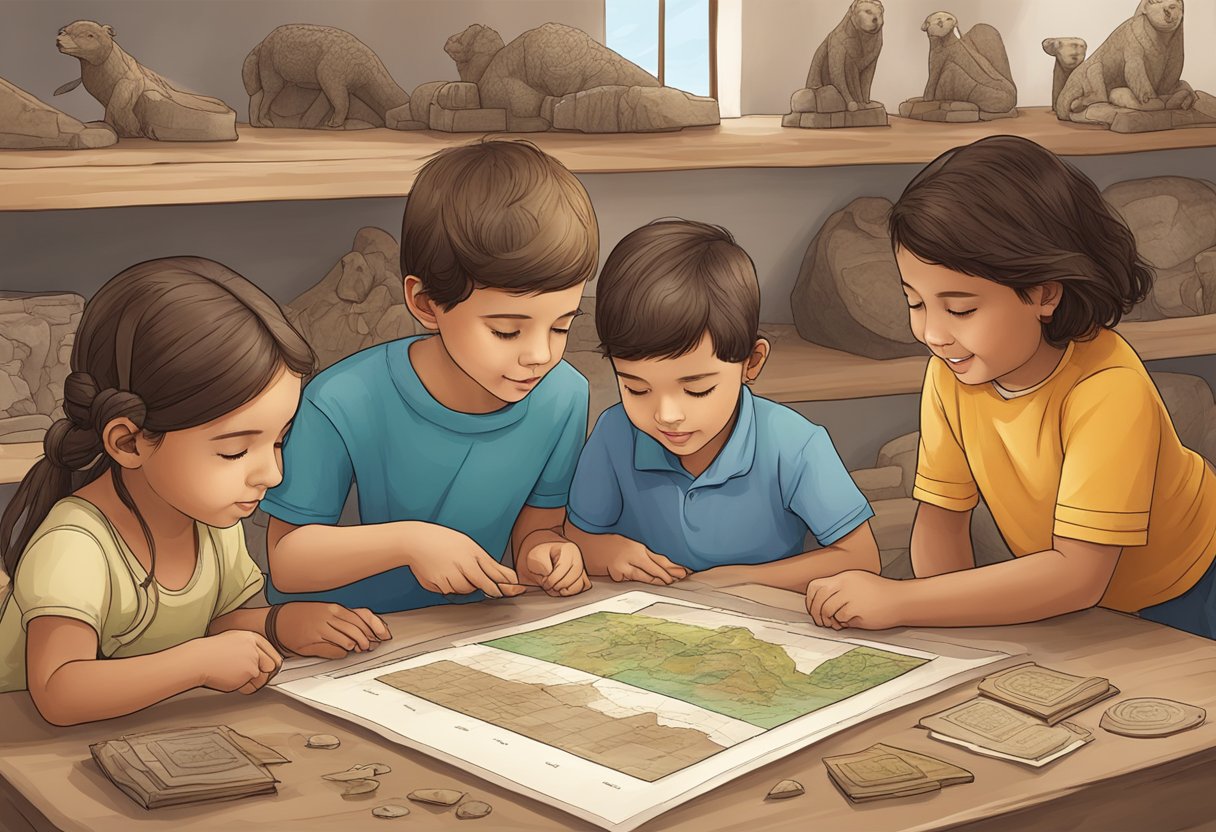 A group of children explore interactive ancient history resources, engaging with tactile and visual learning tools