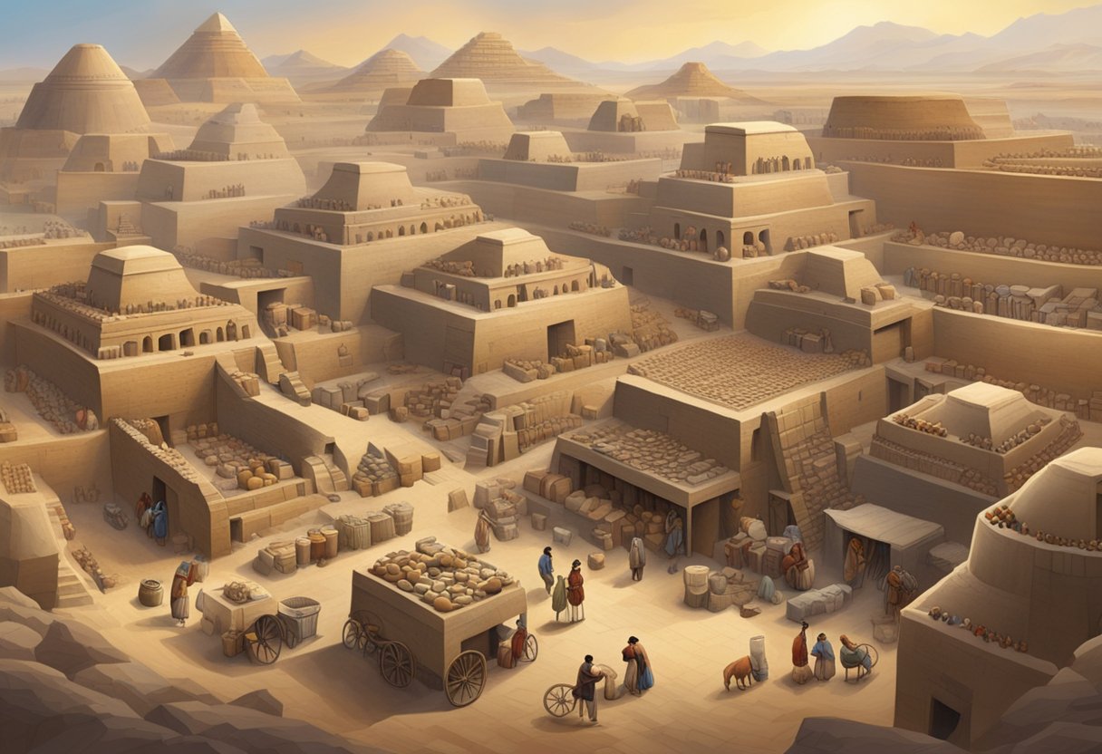 Ancient History: An ancient Mesopotamian marketplace bustling with merchants, traders, and craftsmen selling pottery, textiles, and livestock. The city's ziggurat looms in the background