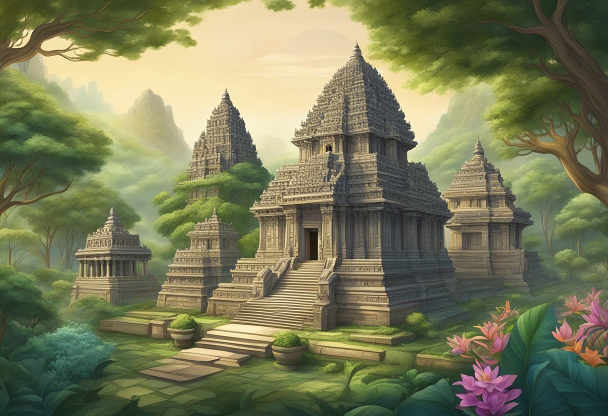 Ancient History: An ancient temple surrounded by lush greenery, with intricate carvings and statues depicting various gods and symbols of different philosophies and religions