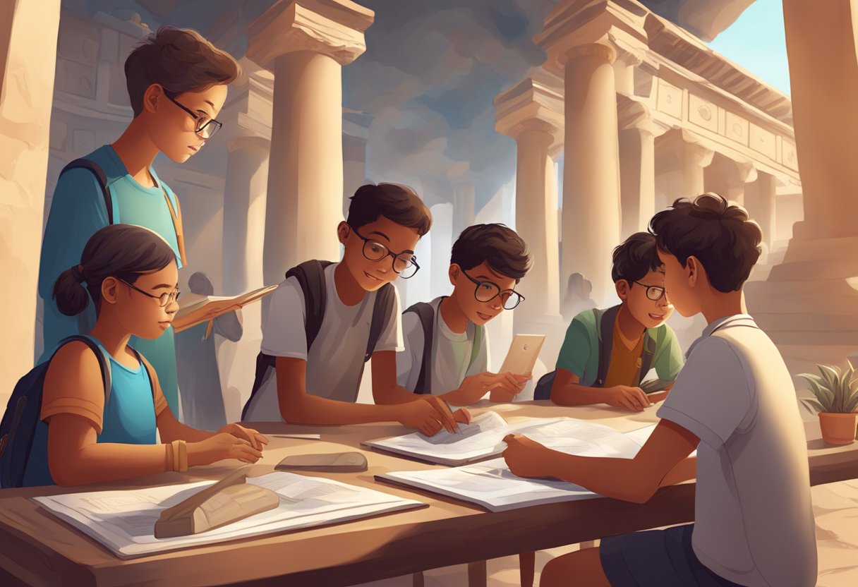A group of young learners interact with digital resources while surrounded by ancient history artifacts and illustrations