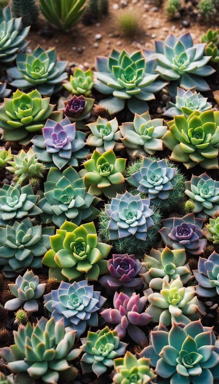 A colorful array of hardy succulent plants in various shapes and sizes, nestled in a rocky, desert landscape